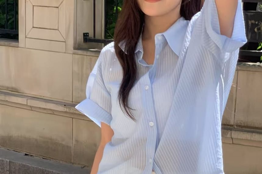Elbow Sleeve Striped Sheer Button-Up Shirt