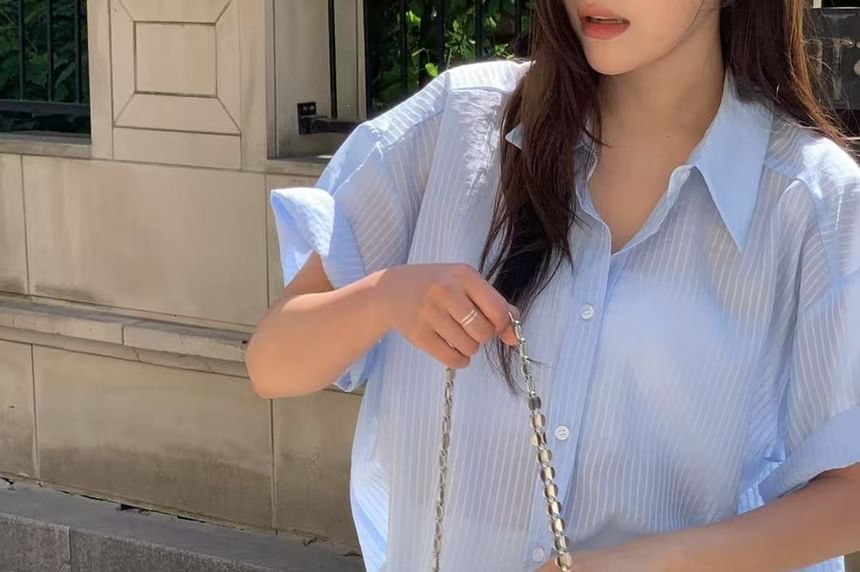 Elbow Sleeve Striped Sheer Button-Up Shirt