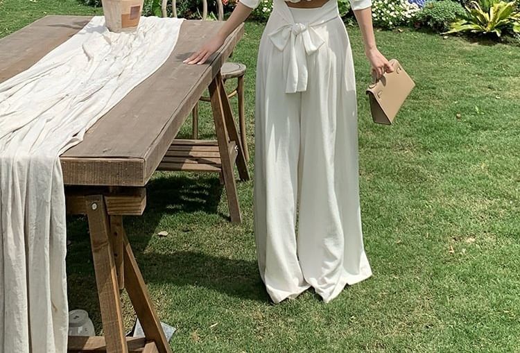 V-Neck Collared Tie Back Crop Blouse & Wide Leg Pants Set