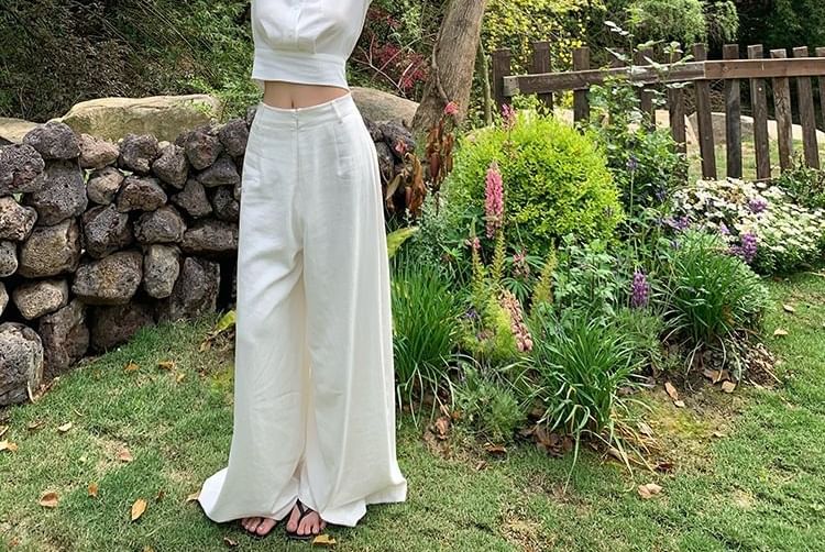 V-Neck Collared Tie Back Crop Blouse & Wide Leg Pants Set