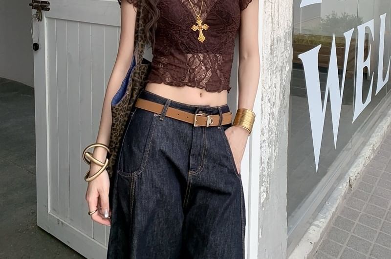 Crew Neck Lace See-Through Crop Tee