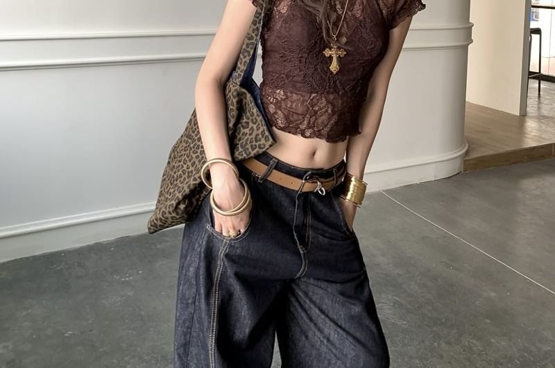 Crew Neck Lace See-Through Crop Tee