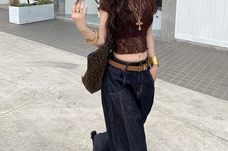 Crew Neck Lace See-Through Crop Tee