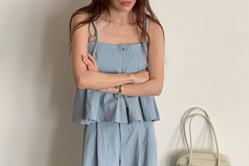 Pleated Flowy Crop Camisole & Wide Leg Pants Set