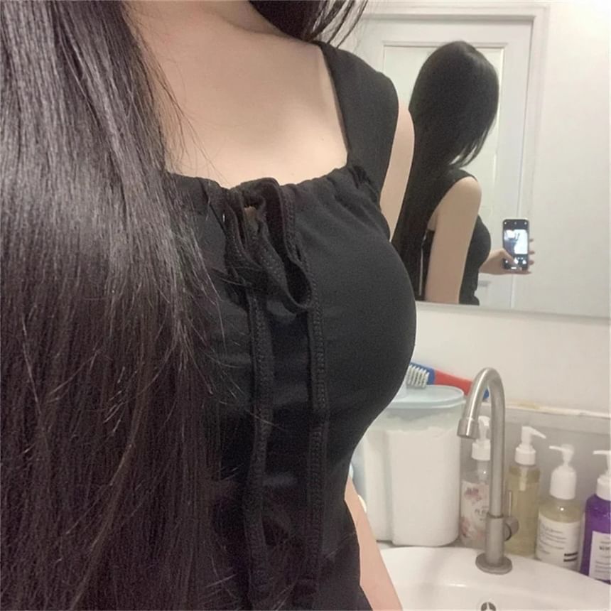 Square Neck Tie Front Crop Top