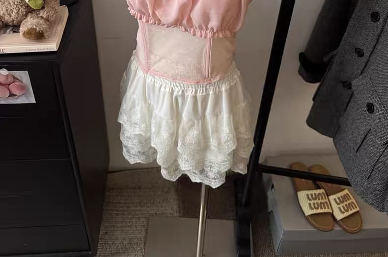 Ruffle Trim Cold Shoulder Lace Crop Top