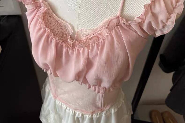 Ruffle Trim Cold Shoulder Lace Crop Top