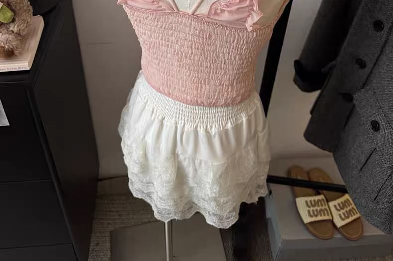 Ruffle Trim Cold Shoulder Lace Crop Top