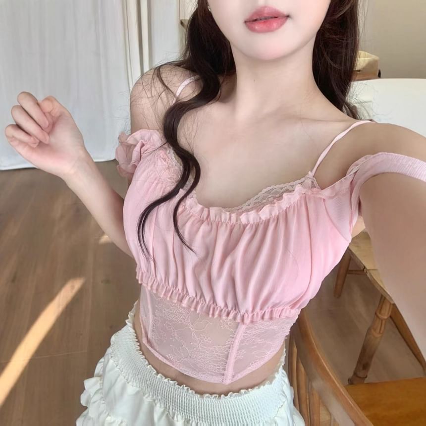Ruffle Trim Cold Shoulder Lace Crop Top