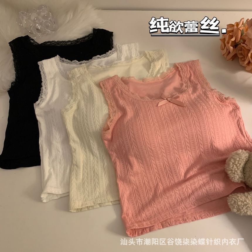 Scoop Neck Textured Lace Trim Top