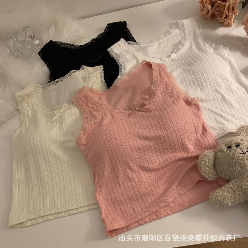 Scoop Neck Textured Lace Trim Top