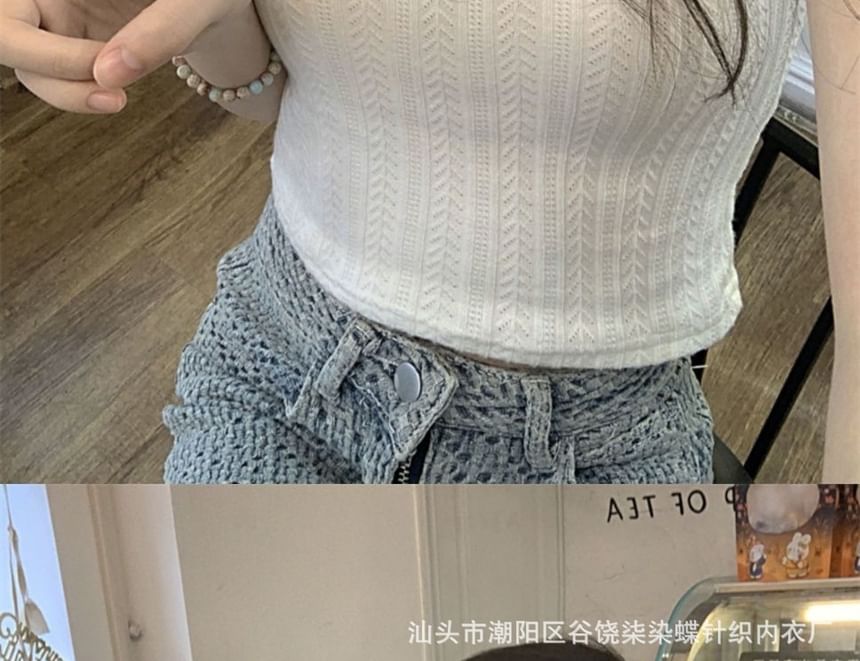 Scoop Neck Textured Lace Trim Top