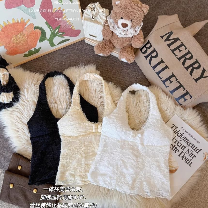 Halter Scoop Neck Lace Panel Top