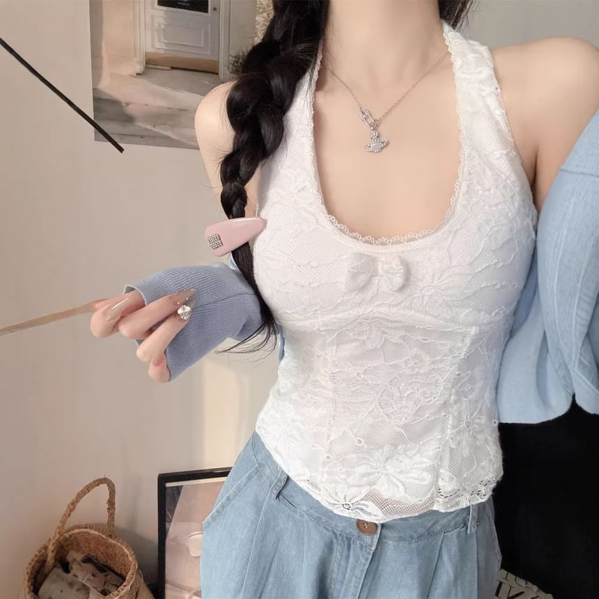 Halter Scoop Neck Lace Panel Top