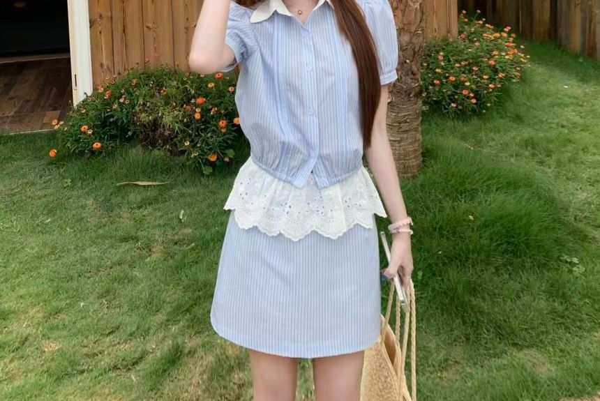 Contrast Collar Striped Shirt & Eyelet Ruffle A-Line Skirt Set