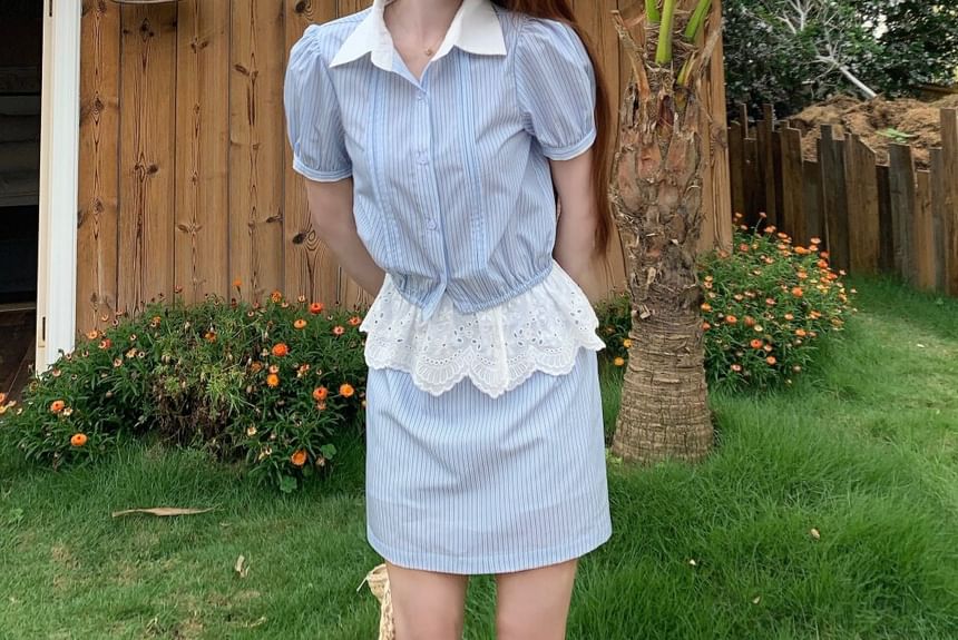 Contrast Collar Striped Shirt & Eyelet Ruffle A-Line Skirt Set