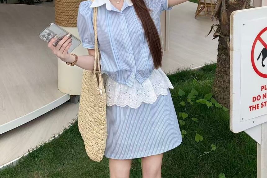Contrast Collar Striped Shirt & Eyelet Ruffle A-Line Skirt Set