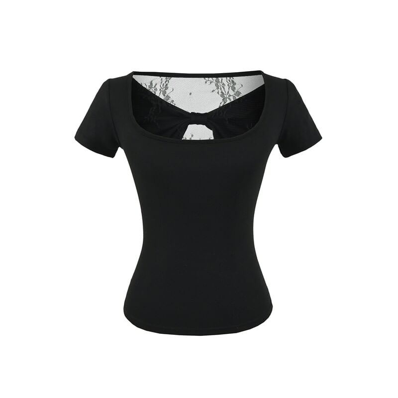 Square Neck Lace Trim Short Sleeve Top