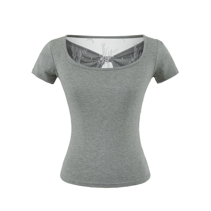 Square Neck Lace Trim Short Sleeve Top