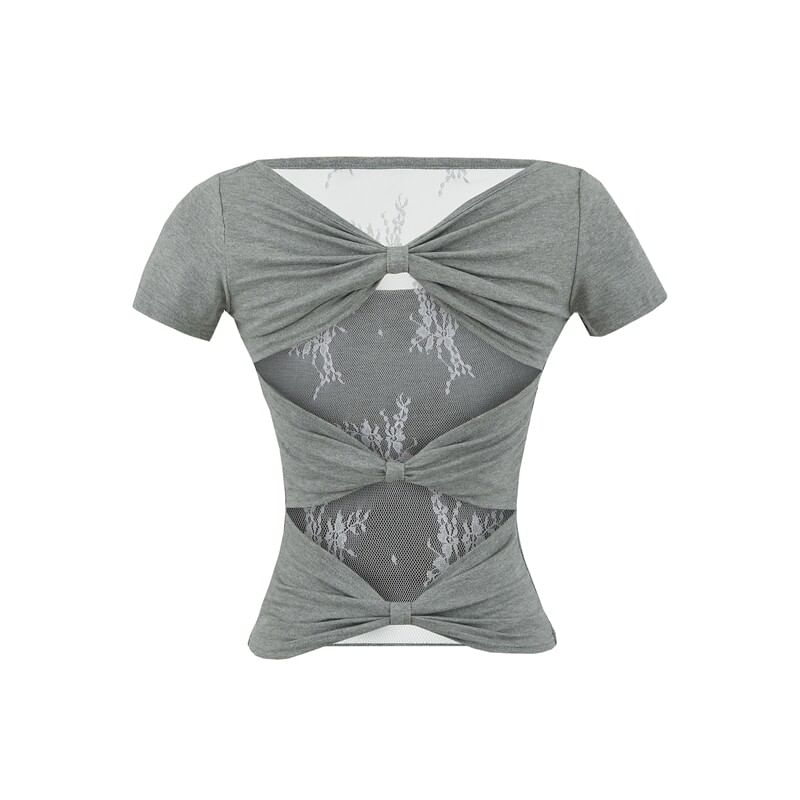 Square Neck Lace Trim Short Sleeve Top