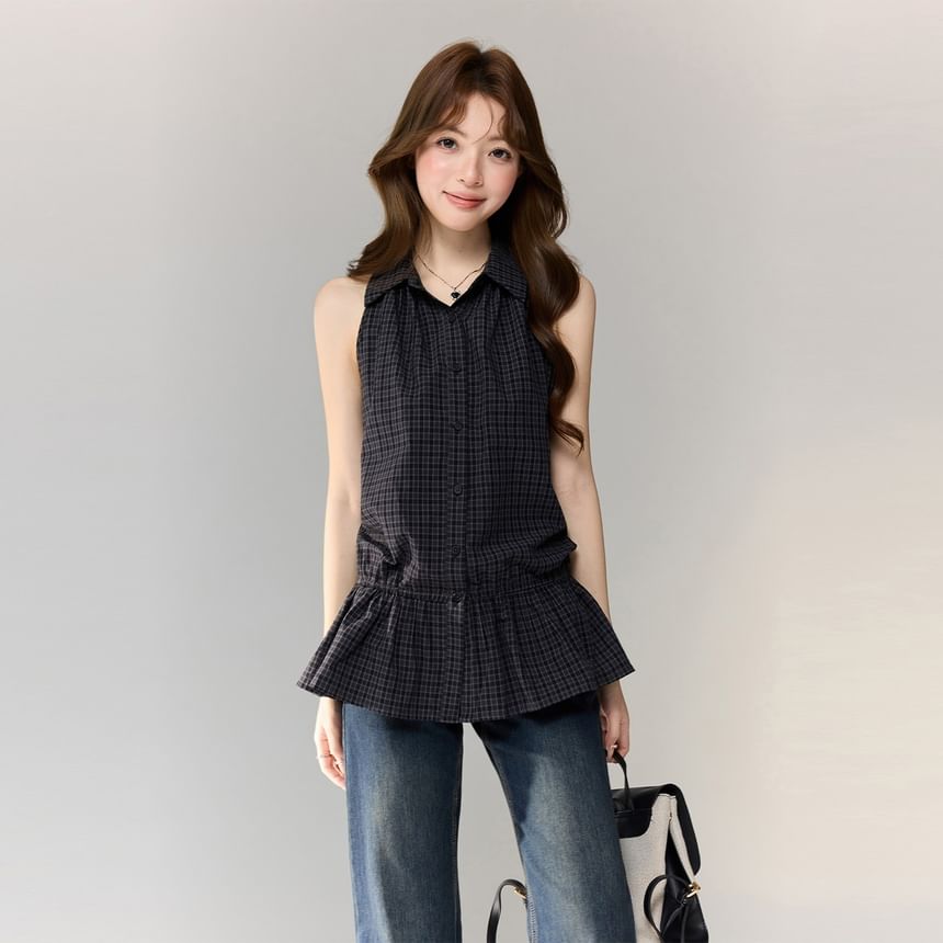 Flowy Checkered Sleeveless Blouse