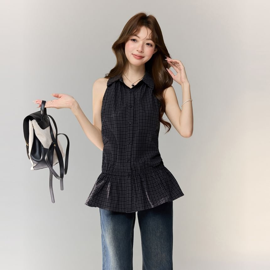 Flowy Checkered Sleeveless Blouse