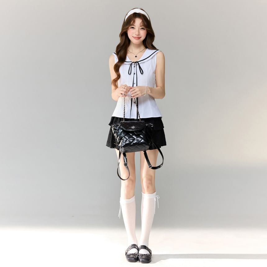 Sailor Collar Contrast Trim Sleeveless Crop Shirt