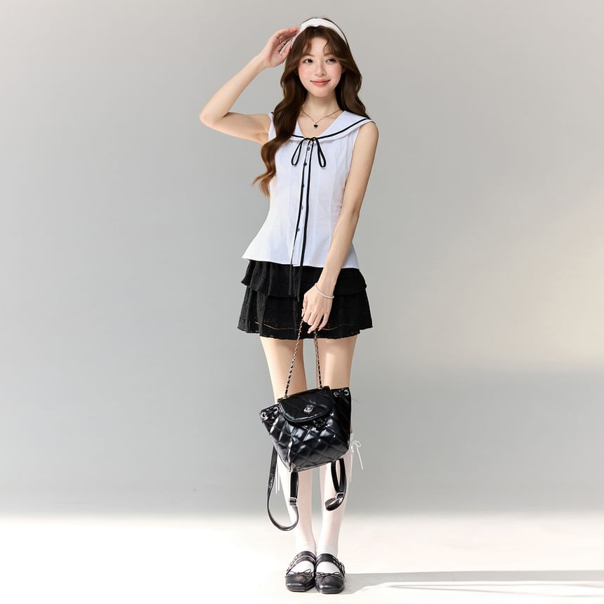 Sailor Collar Contrast Trim Sleeveless Crop Shirt