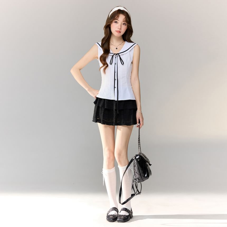Sailor Collar Contrast Trim Sleeveless Crop Shirt