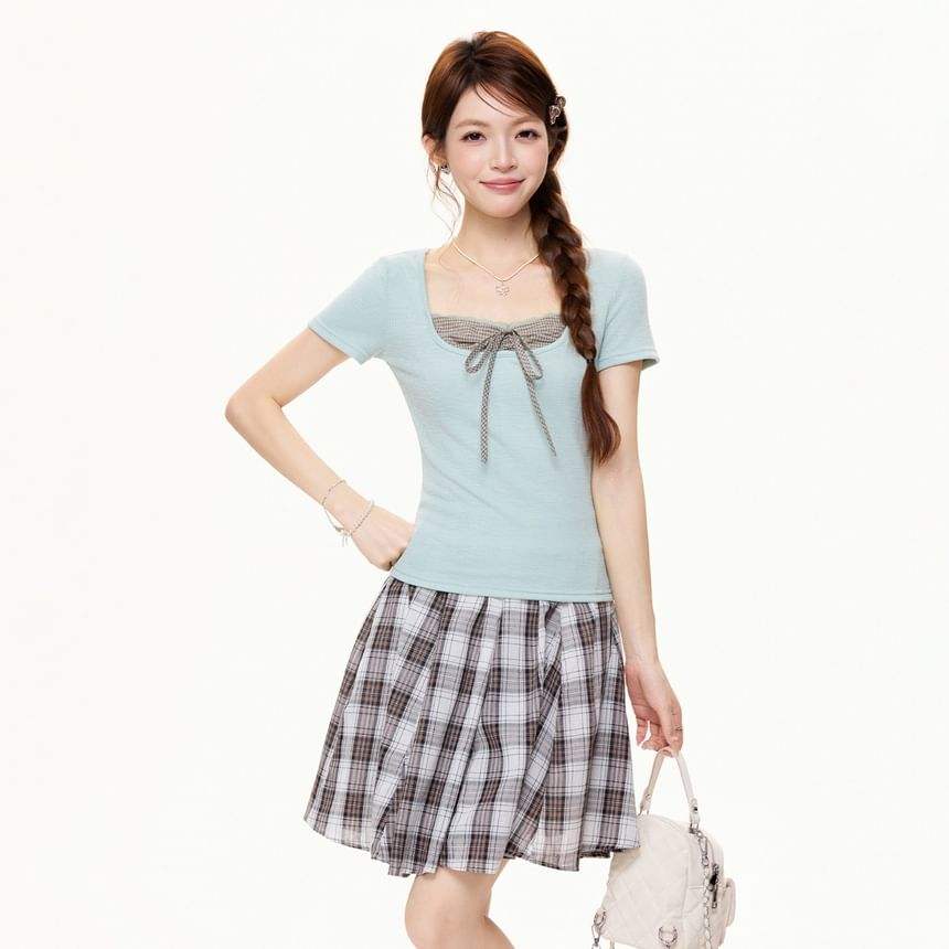 Crop Top Square Neck Plaid Two-Piece Set
