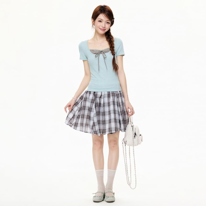 Crop Top Square Neck Plaid Two-Piece Set