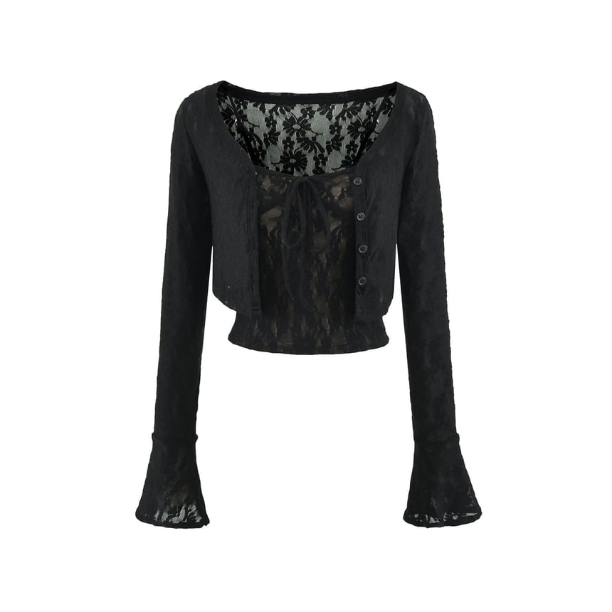 Lace Camisole & Bell-Sleeved Crop Cardigan Set