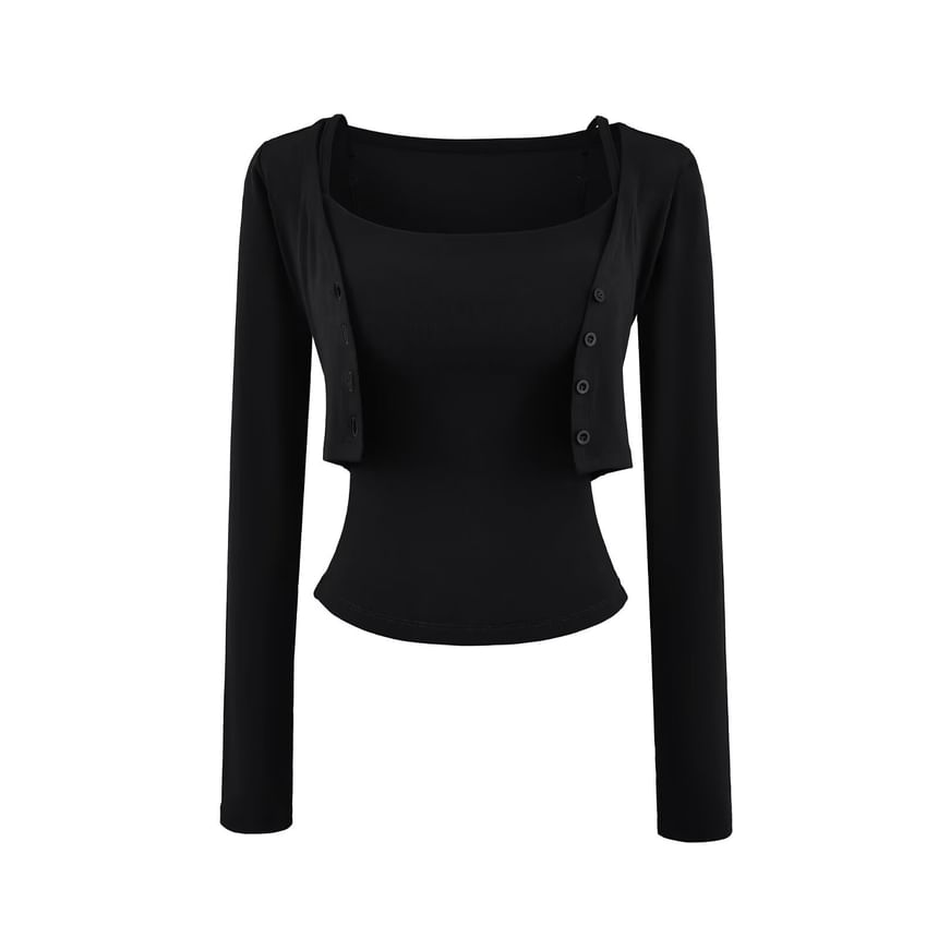 Crop Cardigan Set: Scoop Neck Camisole & Button-Up