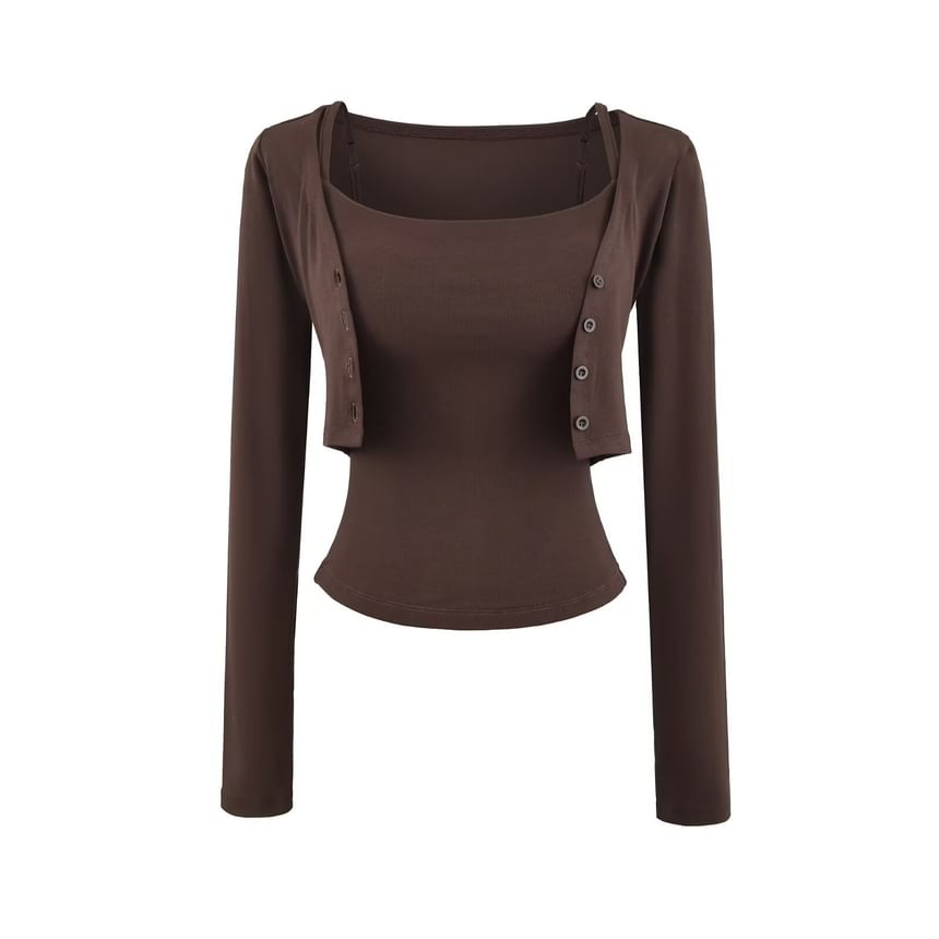 Crop Cardigan Set: Scoop Neck Camisole & Button-Up