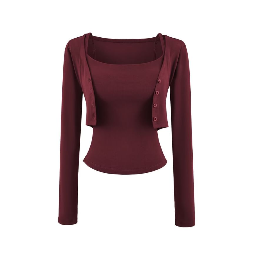 Crop Cardigan Set: Scoop Neck Camisole & Button-Up