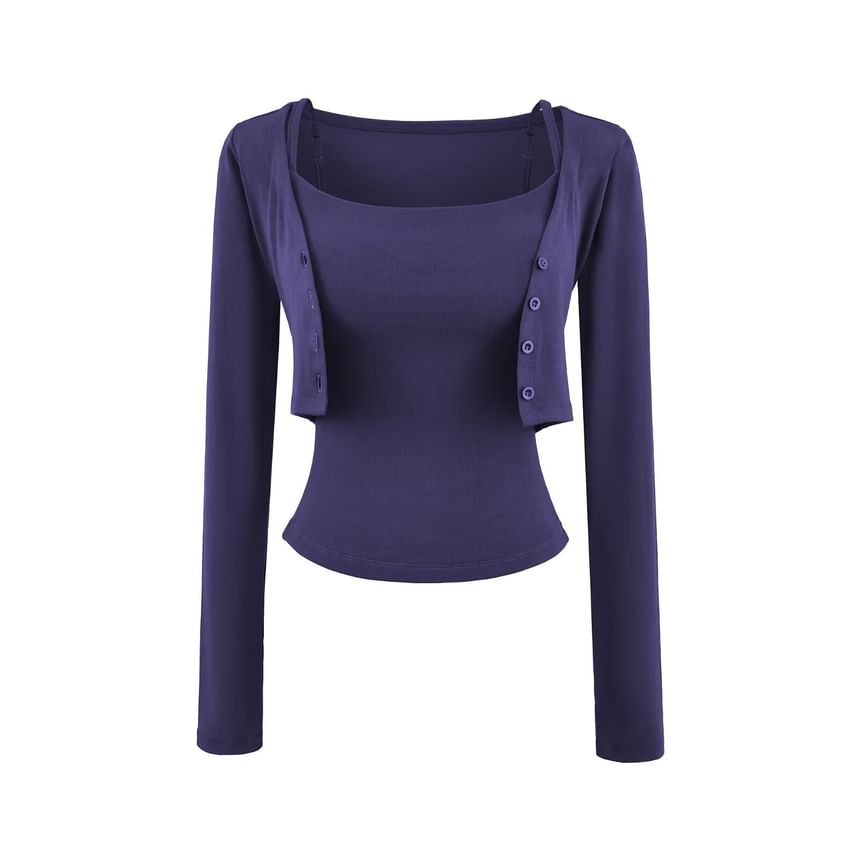 Crop Cardigan Set: Scoop Neck Camisole & Button-Up