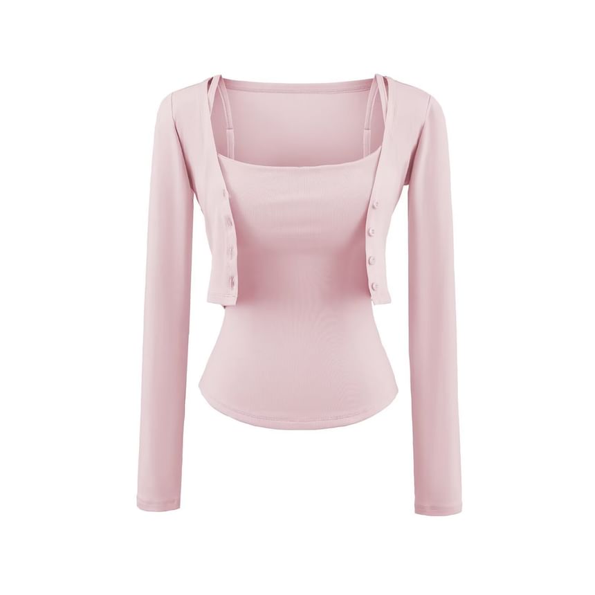 Crop Cardigan Set: Scoop Neck Camisole & Button-Up