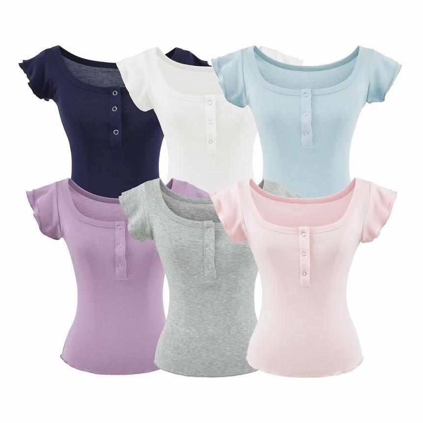 Square Neck Henley Cap-Sleeve Tee