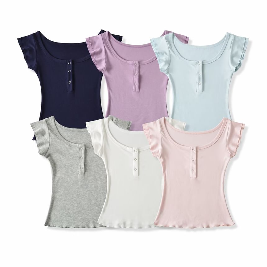 Square Neck Henley Cap-Sleeve Tee