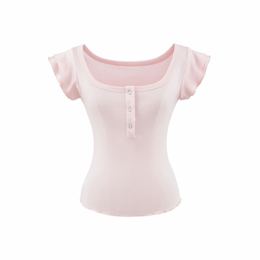 Square Neck Henley Cap-Sleeve Tee