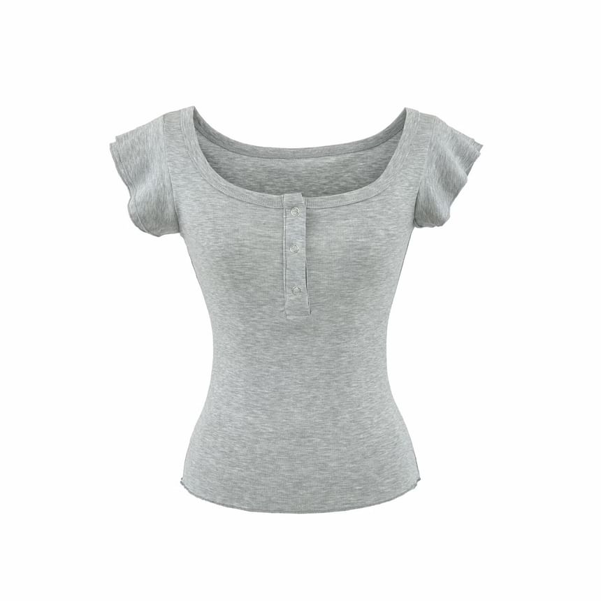 Square Neck Henley Cap-Sleeve Tee