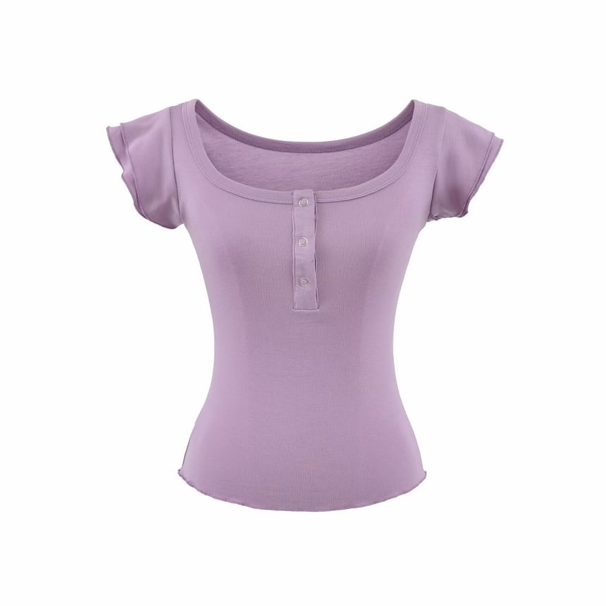 Square Neck Henley Cap-Sleeve Tee