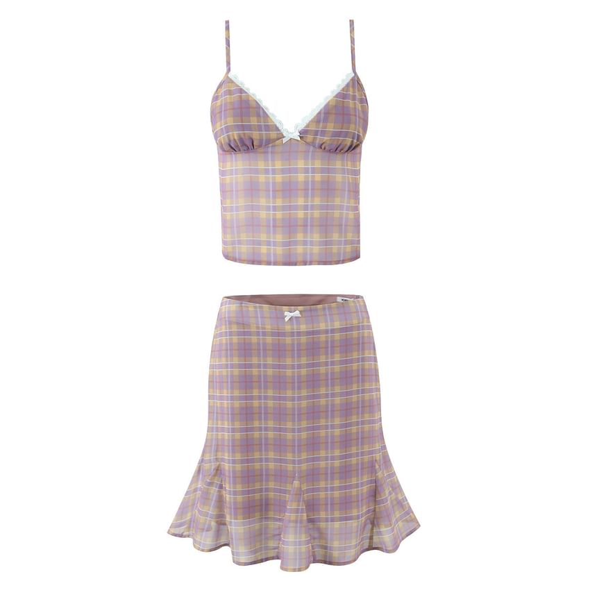 Mermaid Mini Skirt Set: Patterned V-Neck Camisole & High-Waist