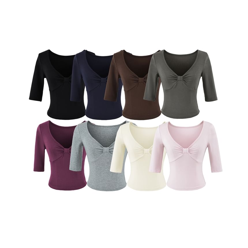 Ruched Elbow-Sleeve V-Neck Crop Tee