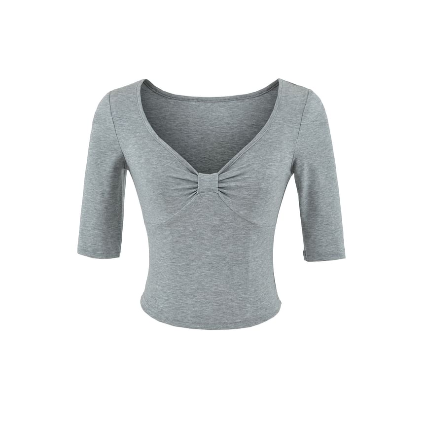 Ruched Elbow-Sleeve V-Neck Crop Tee