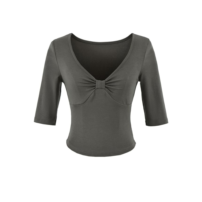 Ruched Elbow-Sleeve V-Neck Crop Tee