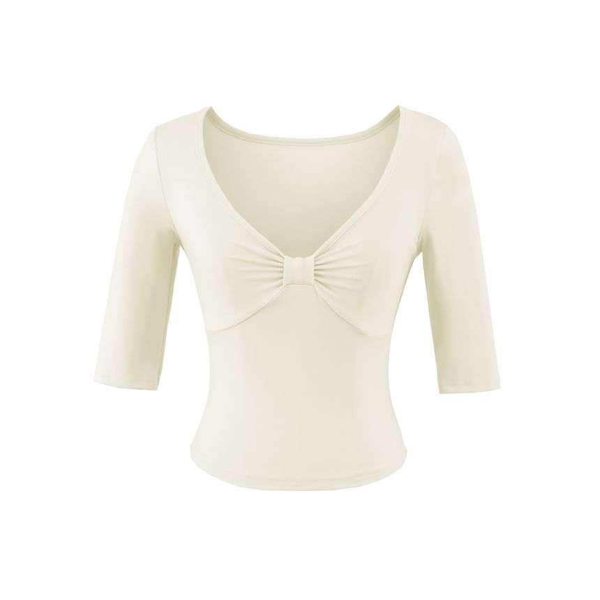 Ruched Elbow-Sleeve V-Neck Crop Tee