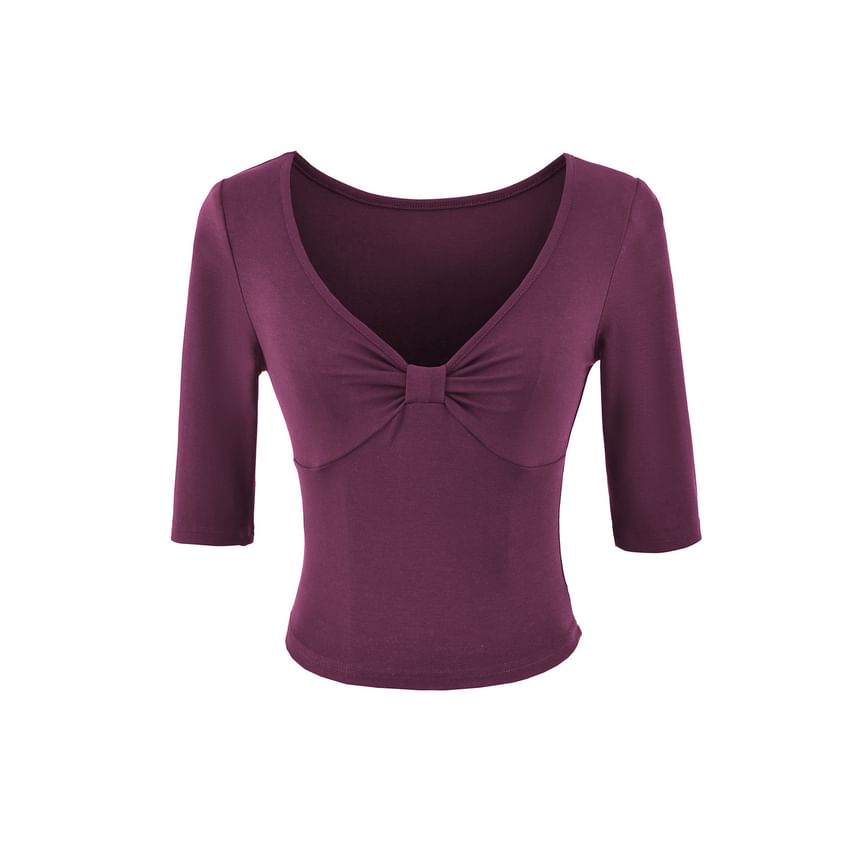 Ruched Elbow-Sleeve V-Neck Crop Tee