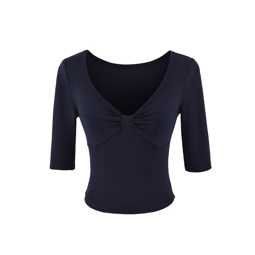 Ruched Elbow-Sleeve V-Neck Crop Tee
