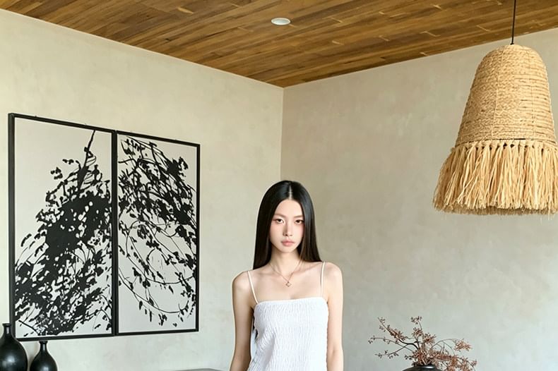 Smocked Peplum Lace Camisole & High-Waist Baggy Pants